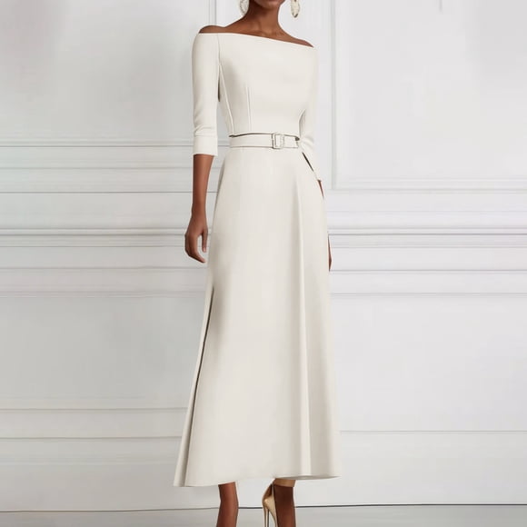 Off the Shoulder Cocktail Dress for Women Elegant 3/4 Sleeve Belted Waist Wedding Guest Formal Business Evening Party Long Dresses White L