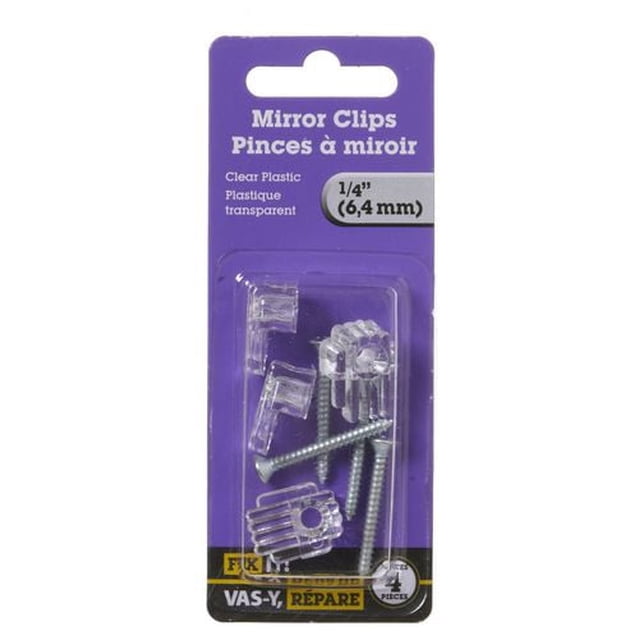 Pince Miroir en Plastique transparent de 1/4 Pouces, 4 Pcs, Emballage Violet, Mettant en Valeur des Pinces en Plastique transparent et des Vis Métalliques pour Fixer des Miroirs de 1/4 Po (6,4 mm) d'Épaisseur, Convient aux Projets d'Amélioration de la Maison et de Suspension de Photos.