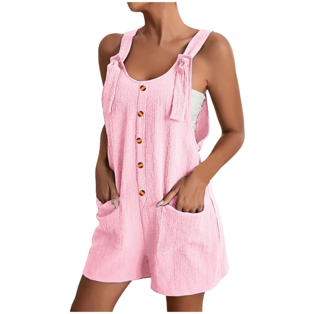 EQWLJWE Combishort Salopette pour Femmes, Combishorts Combinaisons Courtes pour Femmes, Combishort d'Été Sans Manches pour Femmes avec Bretelles à Nœud Ajustables, Combishorts Salopette avec Poches
