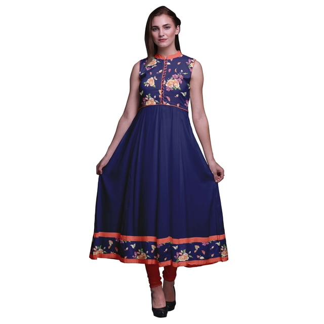 Bimba Robe Anarkali Fleurie Bleu Marine2 Col Mandarin Sans Manches Kurtis pour Femmes Imprimé Robe Maxi Petite