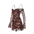 thumbnail image 4 of Women Mesh Mini Dress Vintage Printed Long Sleeve Off Shoulder Backless Ruched Bust Summer Beach Streetwear, 4 of 6
