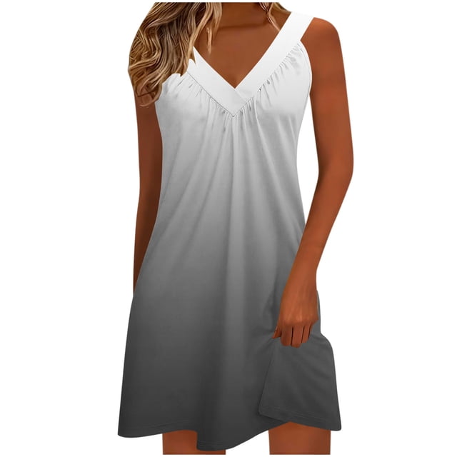 Kyusrd Robe Débardeur d'Été pour Femmes Robe Courte Plissée à Col en V Sans Manches Robe Soleil T-Shirt Robe Trapèze Robe Courte de Plage