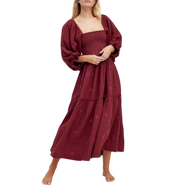 Fortune Robe Bohème pour Femme Décontractée à Manches Bouffantes, Robes Brodées à Fleurs, Robe Midi Fluide à Volants Boho