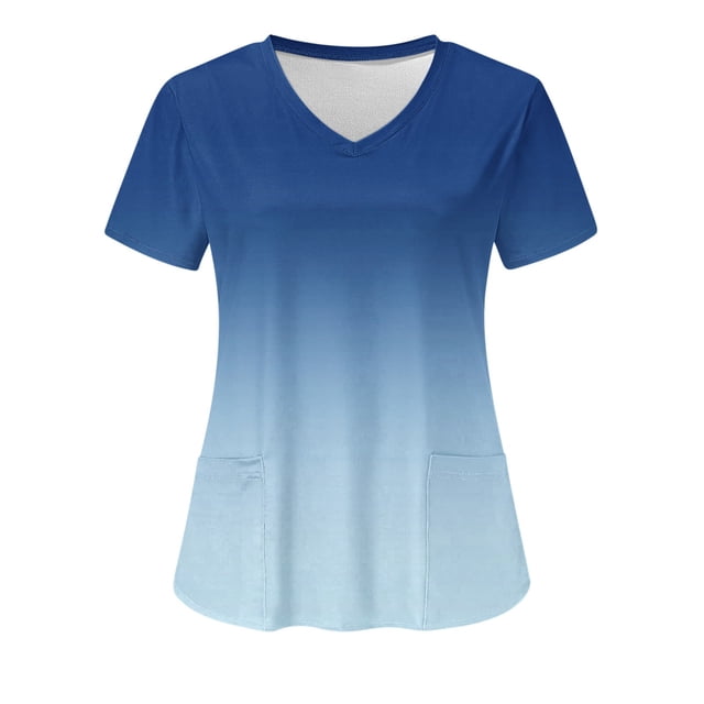 Cameland Women's Working Uniform Nursing Uniform with two pockets, featuring a gradient color design in blue tones. This short-sleeve V-neck scrub top is made of 95% polyester and 5% spandex, offering a lightweight and comfortable fit. Ideal for work or daily wear, it includes two front pockets for convenience.