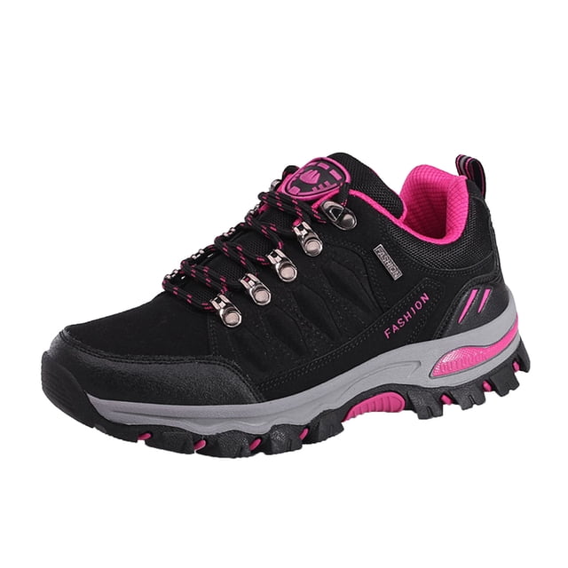 Babysbule Chaussures pour Femmes en Liquidation, Chaussures de Randonnée d'Escalade pour Femmes de Plein Air Imperméables, Espadrilles de Randonnée. Chaussures de Randonnée Noires et Roses à Lacets avec Bout Rond, Semelle en Caoutchouc et Talon Compensé. Dotées d'Une Tige en Flocage Respirante et d'Une construction Robuste Adaptées aux Activités de Plein Air comme le Randonnée et l'Escalade. la Chaussure a un Talon de 3 cm (1,2 Po) et une Plateforme de 1,5 cm (0,6 Po) pour un Confort et un Soutien Accrus.