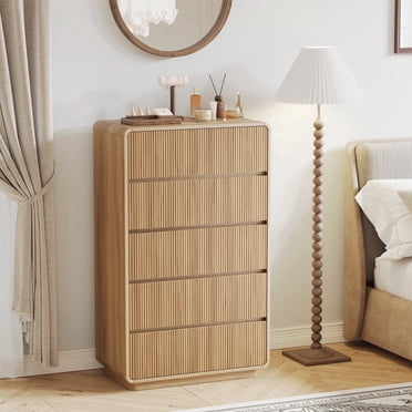MARNUR 5-Drawer Dresser for Bedroom, 84lbs Heavy-Duty, Curved Fluted Wave Design, Anti-Tip & Silent Slides, Large Storage, Oak