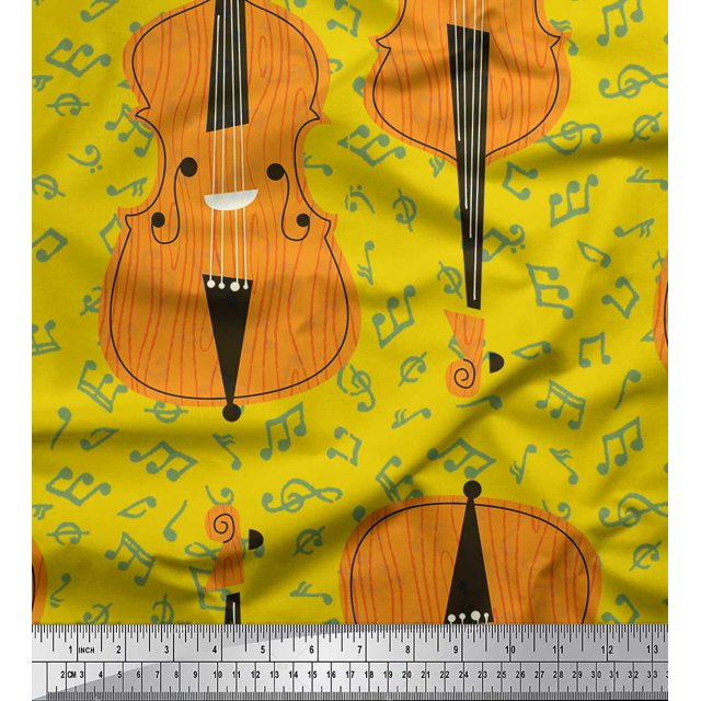 Soimoi Yellow Silk Fabric Notes & Violin Musical Instrument Print Fabric by the Yard 42 Inch Wide