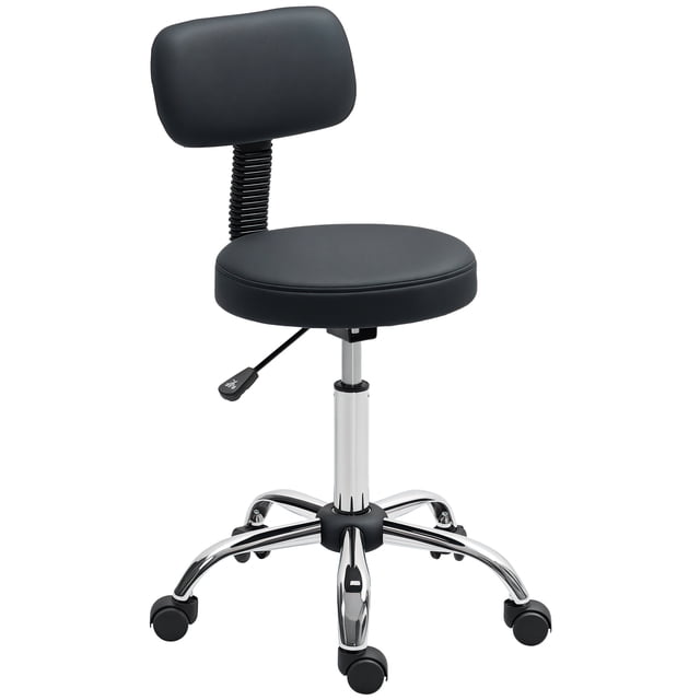 HOMCOM Adjustable Rolling Stool with Backrest, a versatile black faux leather bar stool with padded seat and removable backrest. Features include a 360° swivel seat, five caster wheels for mobility, and adjustable height from 30.7 to 36.6 inches. Supported by a chrome base, ideal for beauty salons, spas, tattoo parlours, and kitchen counters.