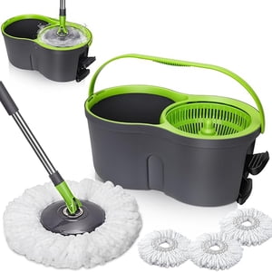 Spin Mop and Bucket Set, Mop Bucket with Foot Pedal Wringer System, 3 Reusable Mop Refills, 130cm Long Handle, Easy Wring Magic Mop Floor Cleaning System, Green
