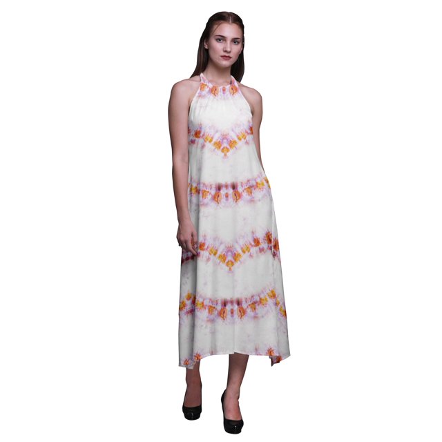 Bimba Robe Teinture sur Nœuds Décontractée Longue Dos Nu à Col Licou pour Femmes, Robe de Plage Imprimée - Grand