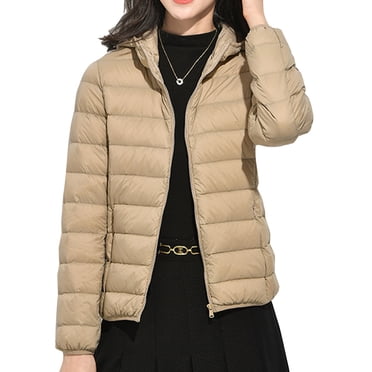 LUXUR Ladies Puffer Jacket Hooded Outwear Pocket Coat Water-Resistant Down Jackets Full Zip Khaki L