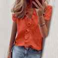 thumbnail image 2 of Women's Casual Solid Color Ruffle Collar Long Sleeve Ruffle Shirt Blouse V Neck Short Sleeve Shirt Tops, 2 of 7
