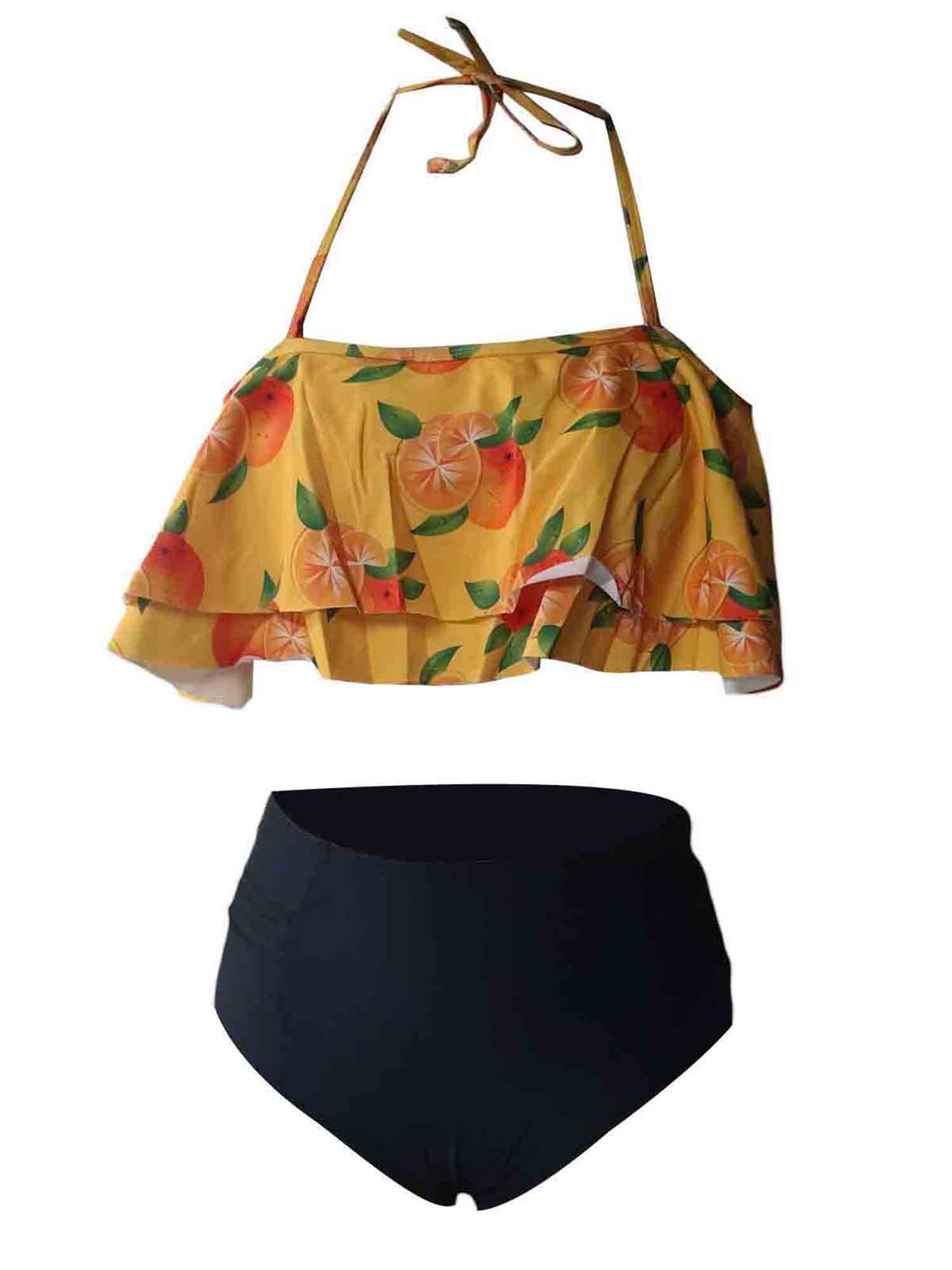 Faithtur Family Matching Swimsuit, Orange Print Sleeveless Bikini Set Swimming Trunks Bathing Suit