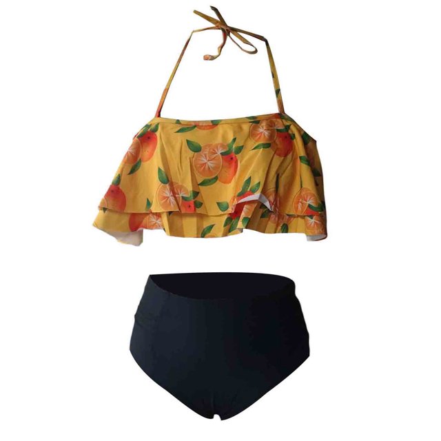 Faithtur Family Matching Swimsuit, Orange Print Sleeveless Bikini Set Swimming Trunks Bathing Suit