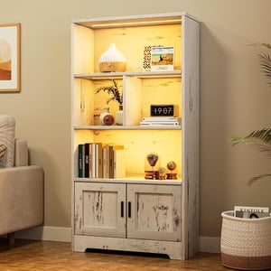 EastVita White Bookshelf avec LED Bibliothèque de ferme Lights avec portes Sac de rangement moderne 3 Étagères de livres debout Étagère en bois Display Étagère de livres unique