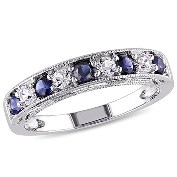 Miabella Created Blue and Created White Sapphire Anniversary Band in Sterling Silver