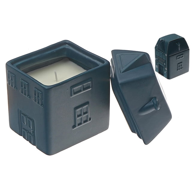 Bougie de 9,2 Oz Vanille Chaude Sucre dans un pot en Céramique Bleu Foncé en Forme de Maison avec Fenêtres et Porte Embossées, avec Couvercle Amovible et Poignée de Cheminée, Idéale pour la Décoration de Noël Intérieure et pour Ajouter un Parfum de Vanille Chaude aux Pièces.