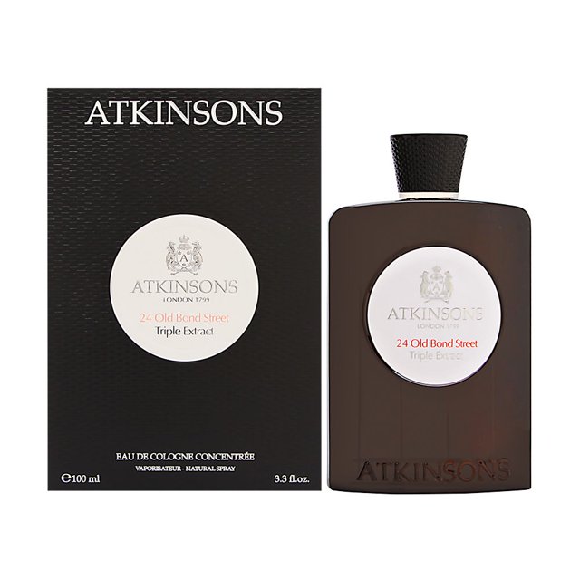Atkinsons 24 Old Bond Street Triple Extract EDC For Him 100mL cologne. The image shows a 100mL bottle of Atkinsons cologne with a dark brown design and a circular white label featuring the brand logo and product name. The bottle is displayed alongside its black packaging, which also features the Atkinsons branding and product details.