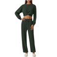 thumbnail image 1 of ShomPort Womens 2PC Matching Set Long Sleeve Crewneck Wrap T-Shirts Drawstring Elastic Waist Loose Pants Going Out Trendy Set, 1 of 7