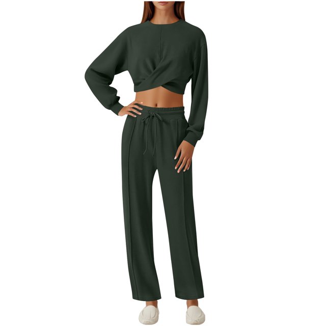 ShomPort Womens 2PC Matching Set Long Sleeve Crewneck Wrap T-Shirts Drawstring Elastic Waist Loose Pants Going Out Trendy Set