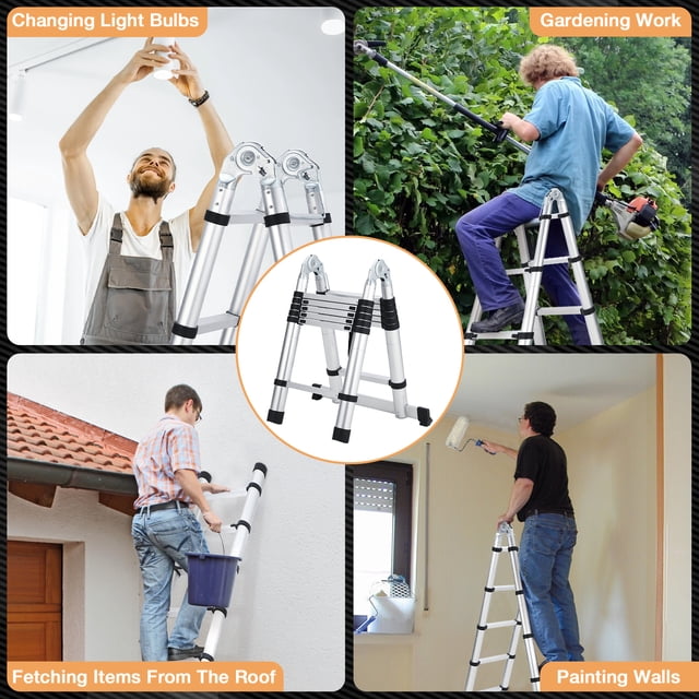 AKDSteel aluminum telescopic ladder with A-frame design, featuring non-slip rubber feet and stabilizers for safe use. The ladder is shown in various configurations, including straight and A-frame setups, being used for tasks such as changing light bulbs, gardening, roof maintenance, and painting walls. Ideal as an extension ladder for home improvement tasks, with a compact and portable design for easy storage.
