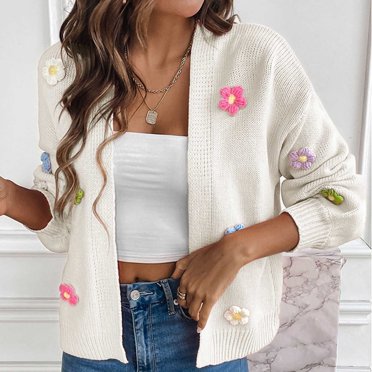 HWRETIE Women's Knit Cardigan V Neck Geometric Color Block Sweater Long Sleeve Casual Loose Open Front Knit Coat For Spring Fall Daily Wear