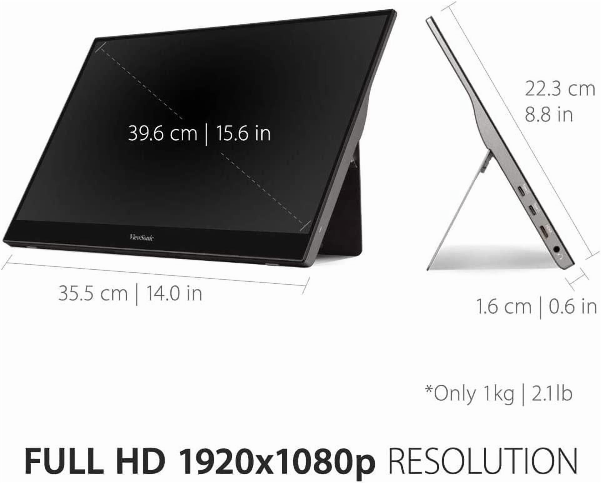 Moniteur ultra portable Viewsonic 15,6 pouces 1080p avec écran tactile, alimentation 2 voies USB C 60 W, protection des yeux, double haut-parleurs, design sans cadre et support intégré avec couvercle