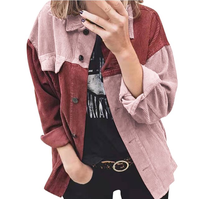 IROINID Veste Surchemise Courte pour Femmes Rayures Manches Longues Cardigan Long Décontracté Patchwork, Rouge