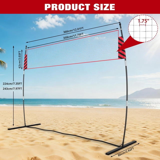 EDTara 12FT Height Adjustable Volleyball Net Set, Portable Outdoor/Indoor Training System with Durable 3-Ply Net & Fiberglass Poles