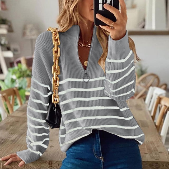 VgaVtl Long Sleeve Womens Sweaters Pullover Womens Sweaters Fall Loose Zip up Gray Striped Knit Sweaters