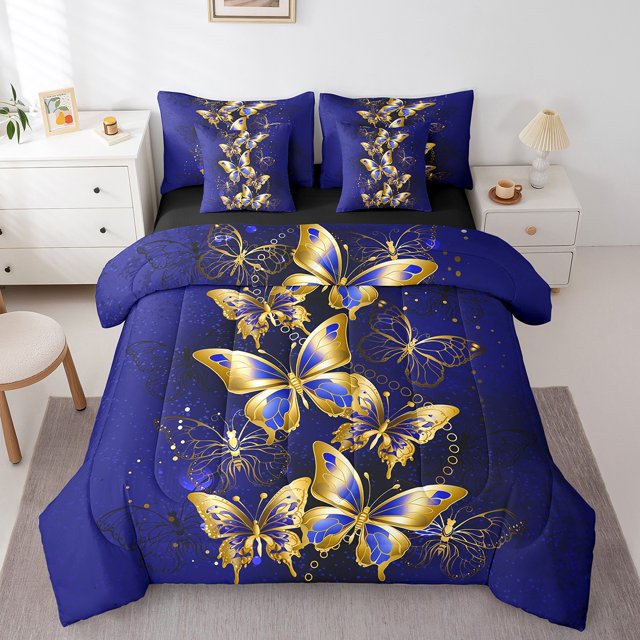 YST Gold Butterfly 7-Piece Bedding Set, Wild Animal Wildlife, Full, Navy Blue and Gold Comforter Set