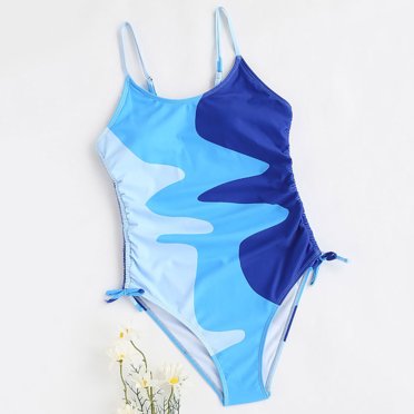 XIMIN Girl's Color Block Drawstring Side One Piece Full Coverage Ruched Long Torso Swimsuit Spaghetti Strap Beach Pool Party Bathing Suit (8-9 Years, Blue)