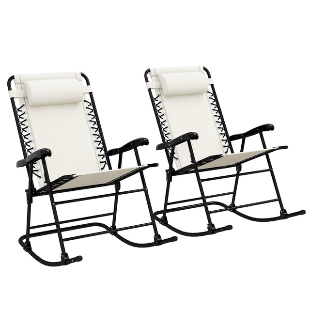 Outsunny 2pc Patio Foldable Rocking Chair Set w/ Breathable Mesh Seat & Backrest, Padded Headrest for Park, Backyard, Garden, Cream White