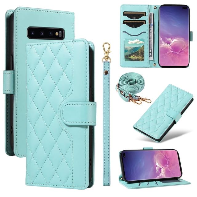 Samsung Galaxy S10 Plus Phone Case , Wallet Flip Cover Adjustable Crossbody Lanyard Magnetic Card Slots