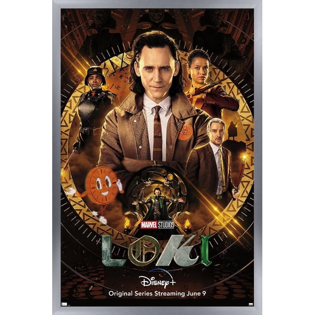 Marvel Loki - Affiche Murale d'Une Feuille, 14,725 Po x 22,375 Po Encadrée Représentant le Personnage Principal avec une Veste Brune et une Cravate Rayée, les Bras Croisés, Entouré d'Autres Personnages et d'Un design Circulaire Doré avec des Symboles Mystiques, Incluant les logos Marvel Studios et Disney+ et la Diffusion en Continu de la Série Originale le 9 Juin, Idéal pour la Déco de Chambre de fan Ou des collections à Thème.