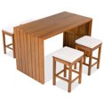 thumbnail image 2 of 5 Piece Outdoor Bar Set, Patio Acacia Wood Bar Height Table & Four Stools with Cushions, Wood Dining Bar Set for Backyard, Poolside, Balcony, Beige Cushion and Natural Wood, 2 of 5