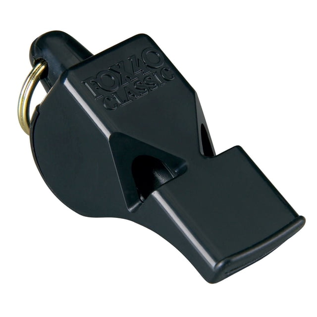Fox 40 Pealess Whistle with lanyard, shown in a close-up 3/4 angle view, featuring a black plastic body with the Fox 40 Classic logo embossed on top and a metal ring for lanyard attachment, designed for clear, reliable sound in sports and safety settings.