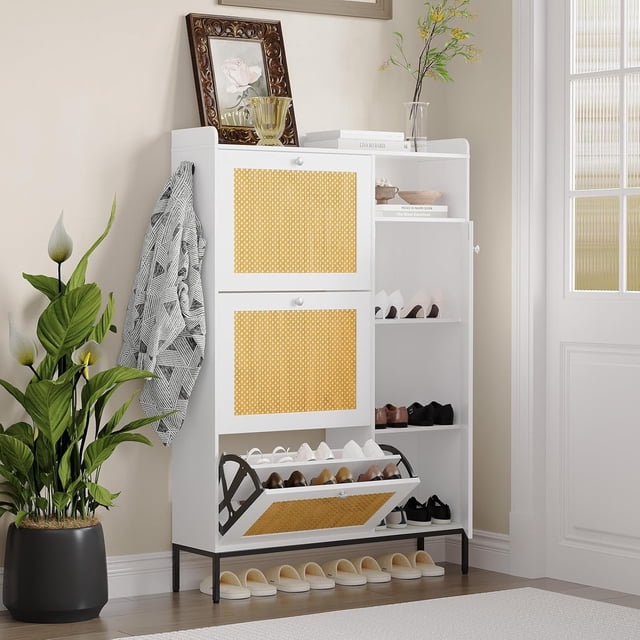 Yiwa Rattan Shoe Cabinet for Entryway, Hidden Wood Shoe Rack Storage with 3 Flip Drawers, Narrow Freestanding Shoe Organizer Cabinet for Hallway, Easy Assembly