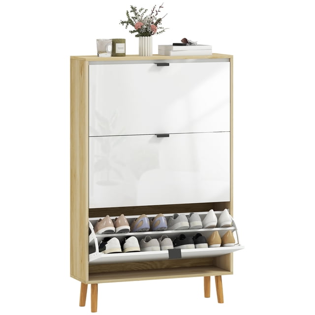HOMCOM Armoire à Chaussures Étroite, Armoire de Rangement pour Chaussures à 3 Tiroirs Basculants, Blanc