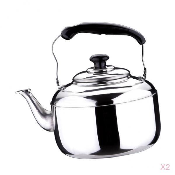 2pcs 6L Stainless Steel Hot Water With Whistle Sound NEW, Tea Kettle. A set of two silver stainless steel tea kettles with a 6L capacity each, featuring a grooved black PP plastic handle for anti-slip and anti-hot grip. The kettles include a whistle function to signal when water is ready and are compatible with gas, electric, and most induction stove tops. Suitable for boiling water, making tea, coffee, or milk, and ideal for home, kitchen, camping, or travel use.