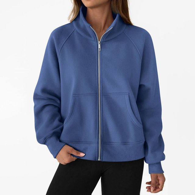 CHCNHAC Chandails en Molleton à Capuche Zippés pour Femmes Col Rond Surdimensionné Veste Décontractée avec Poche Tenues de Mode d'Hiver Vêtements Bleu S
