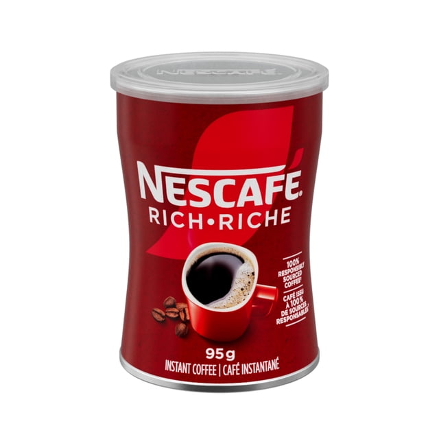 Rich Instant Coffee, Responsibly Sourced, Made From Coffee Beans, Just Add Hot Water, Tin showing a 95g red cylindrical tin of NESCAFÉ Rich Instant Coffee with a clear plastic lid, a red coffee cup filled with black coffee and coffee beans on the label, highlighting 100% responsibly sourced coffee and bilingual English-French text for quick preparation.