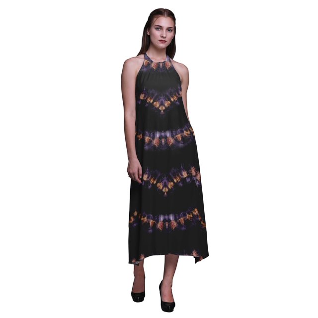 Bimba Robe Teinture sur Nœuds Décontractée Longue Dos Nu à Col Licou pour Femmes, Robe de Plage Imprimée - X-Grand