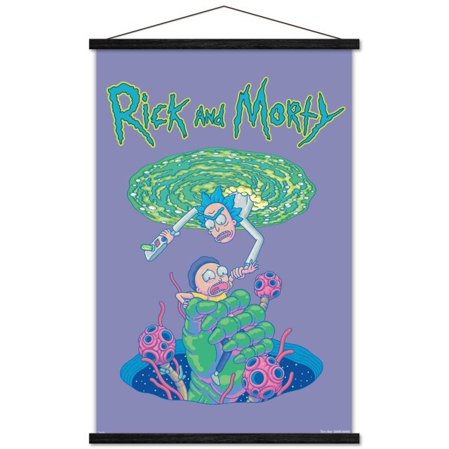 Rick And Morty - Affiche Murale d'Automne Portal, 22,375 Pouces x 34 Pouces Représentant Rick Tenant un Pistolet de Portail Émergeant d'Un Portail Vert Tourbillonnant, Tendant la Main de Morty Piégée dans une Grande Main d'Extraterrestre Verte avec des Croissances Sphériques Roses sur un Fond Violet. Cette Affiche Lustrée Convient à la Déco de la Maison et Facile à Accrocher avec Montages Adhésifs Inclus.