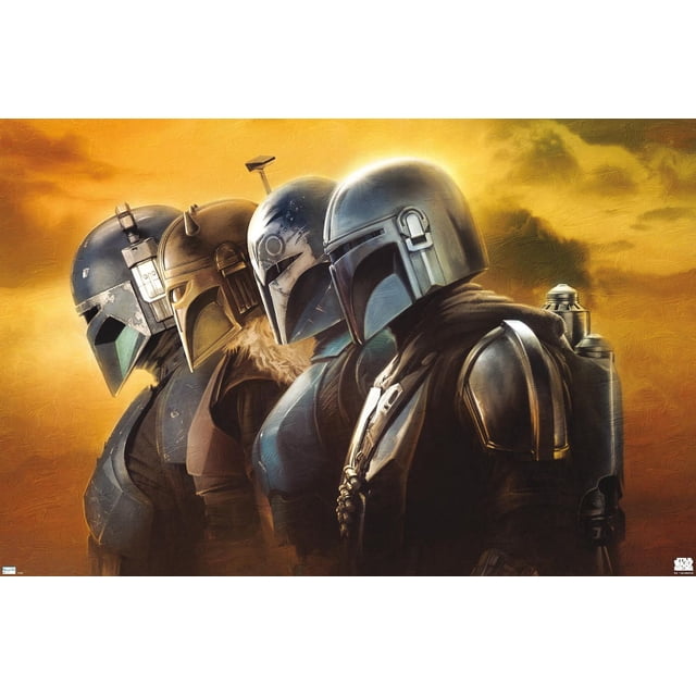 Star Wars : The Mandalorian Saison 3 - Affiche Murale de Casques Montrant une Vue Latérale de Quatre Casques Mandalorian Détaillés Alignés contre un Ciel orange Texturé, Imprimée sur Papier d'Affiche Lustré Format 22,375 par 34 Pouces, art Mural Idéal pour la Déco de la Maison et la Décoration de la Pièce.