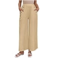 thumbnail image 3 of Sentmoon Petite Linen Pants for Women Solid Color High Elastic Waist Womens Summer Pants Plus Size Loose Fit Button Running Pants Women with Pocket for Work and Office, 3 of 8