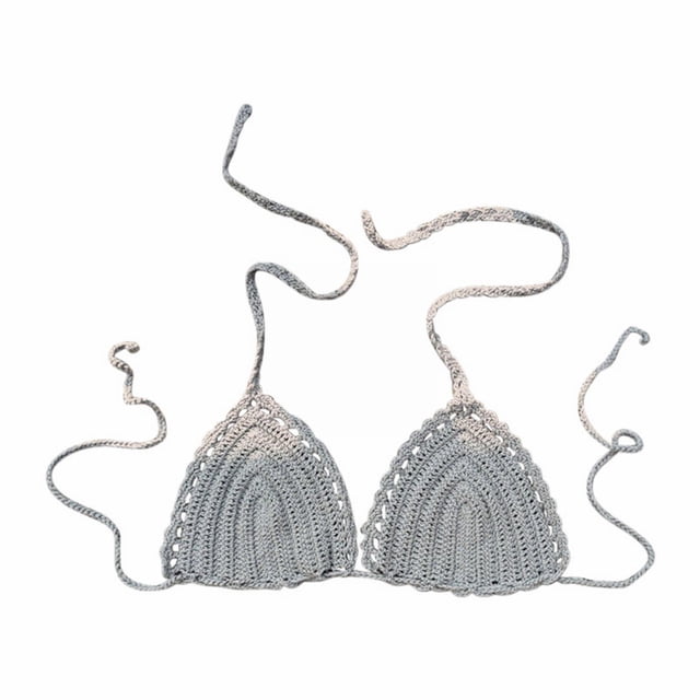Hemlock Solid Color Hand Crochet Bikini Tops, Solid Color Hand Crochet Bikini Top, Euramerican Style, Summer Swimsuit, Gray Euramerican Swimsuit, Gray M, Size S-L