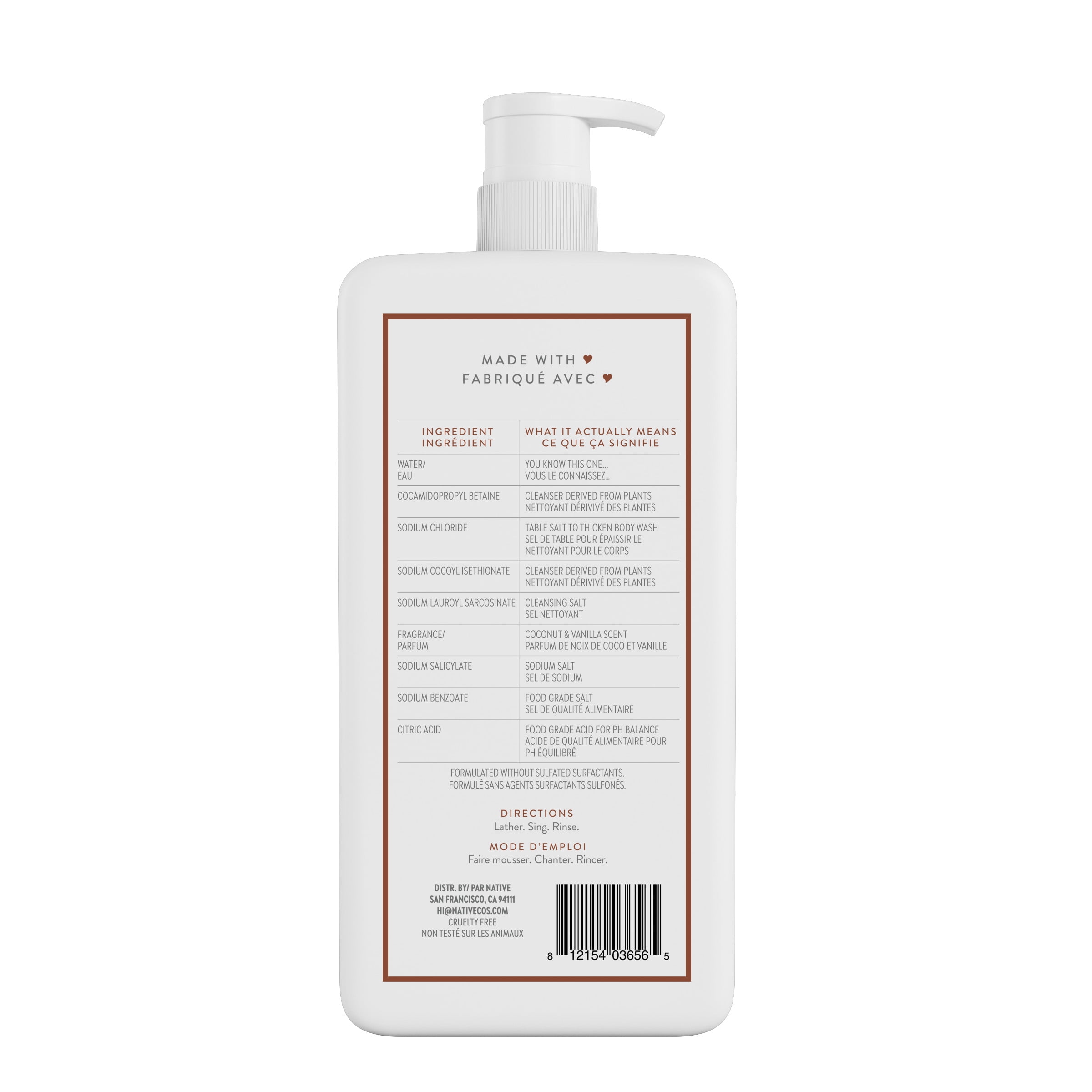 Nettoyant pour le corps Native pour femmes et hommes, parfum de noix de coco et vanille, ingrédients d’origine naturelle, sans sulfates, fraîcheur pendant 24 heures, 1 064 mL