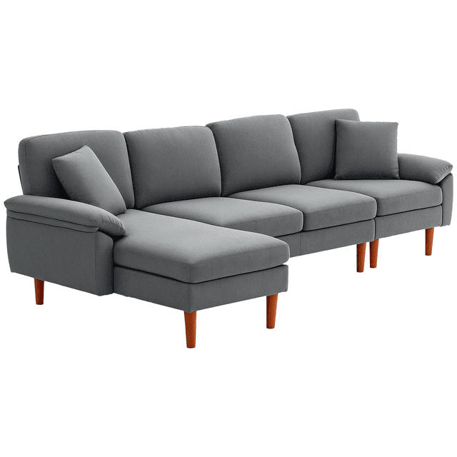 HOMCOM Changeable Sectional Sofa with Changeable Chaise Lounge, Inflatable, Dark Grey. This modern L-shaped sectional sofa features a space-saving design with a chaise lounge that can be positioned on either side to fit your room layout. Upholstered in breathable linen-feel fabric, it includes two extra pillows and arm cushions for enhanced comfort. Built with a durable steel frame and beech wood legs, it also has felt foot pads to protect floors. Dimensions: 111 inches wide, 54.7 inches deep, and 35.4 inches high. Ideal for living rooms, bedrooms, or home offices.