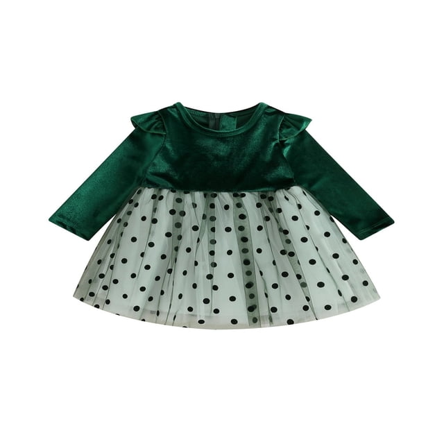 Baby Girls Long Sleeve O Neck Dot Print Tulle Patchwork Dresses